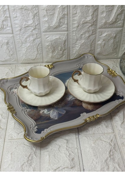 Altın Dekorlu Ekru 2'li Kahve Fincan Takımı, Şık ve Zarif Tasarım. fiyatları