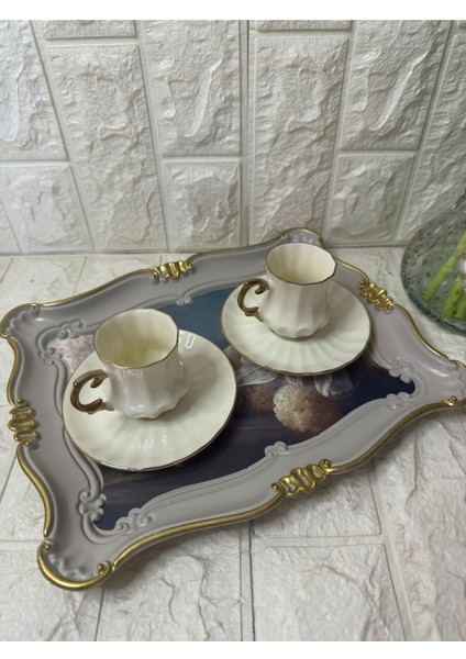 Altın Dekorlu Ekru 2'li Kahve Fincan Takımı, Şık ve Zarif Tasarım. fırsatları