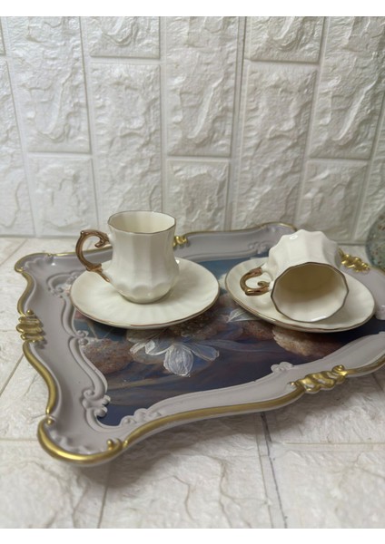 Altın Dekorlu Ekru 2'li Kahve Fincan Takımı, Şık ve Zarif Tasarım. indirimleri