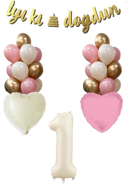 1 Yaş Kız Doğum Günü Konsepti Retro Krem Rakam Iyi Ki Doğdun Bannerlı Balon Zinciri Seti