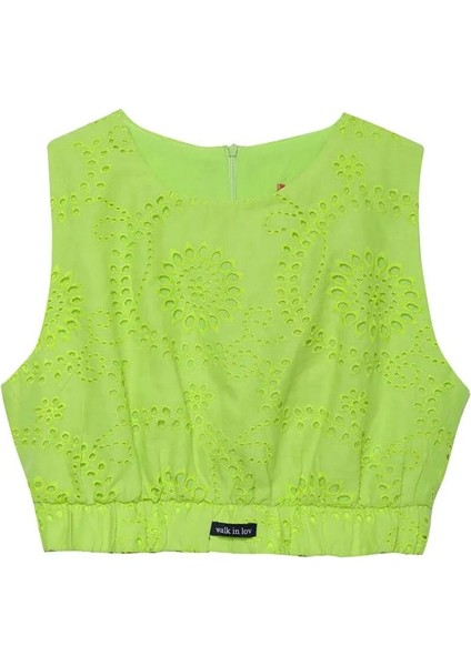 Walk In Love Geometrik Fistolu Fileli Belden Lastikli Kolsuz Yazlık Spor Crop Bluz Fosfor Neon modelleri