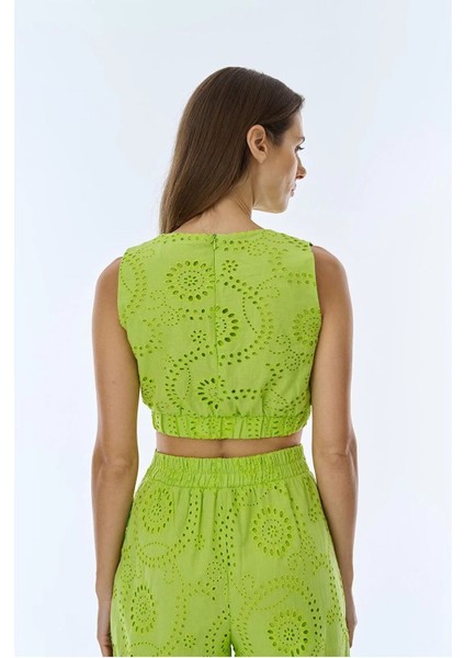 Walk In Love Geometrik Fistolu Fileli Belden Lastikli Kolsuz Yazlık Spor Crop Bluz Fosfor Neon fırsatları