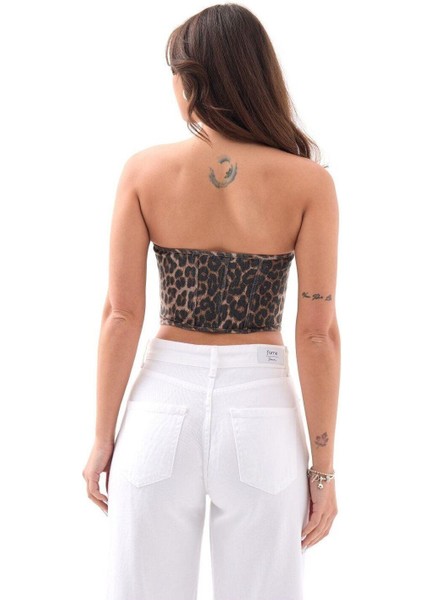 Gabardin Kumaş Straples Kopçalı Ön Crop Büstiyer Leopar fiyatları