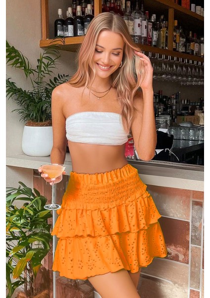 Bel Lastikli 3 Kat Dalgalı Geometrik Fistolu Neon Fosforlu Yazlık Hacimli Yüksek Bel Kombin Etek