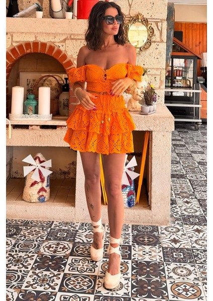 Bel Lastikli 3 Kat Dalgalı Geometrik Fistolu Neon Fosforlu Yazlık Hacimli Yüksek Bel Kombin Etek modelleri