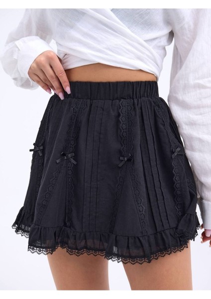 Minik Fiyonklu Dantel Şeritli Esnek Lastik Bel Kombin Gotik Etek Siyah fiyatları