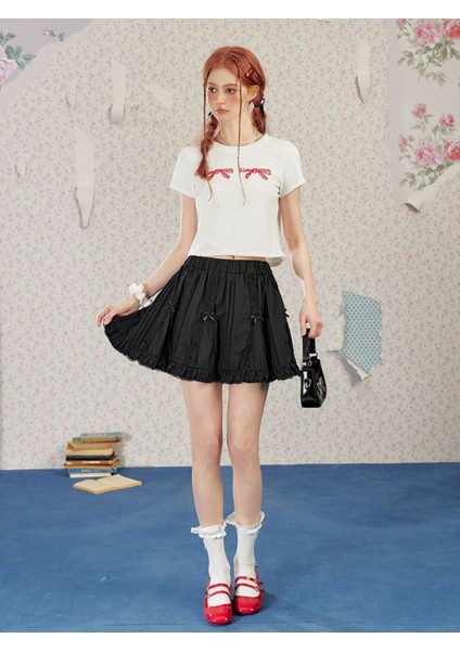 Minik Fiyonklu Dantel Şeritli Esnek Lastik Bel Kombin Gotik Etek Siyah modelleri