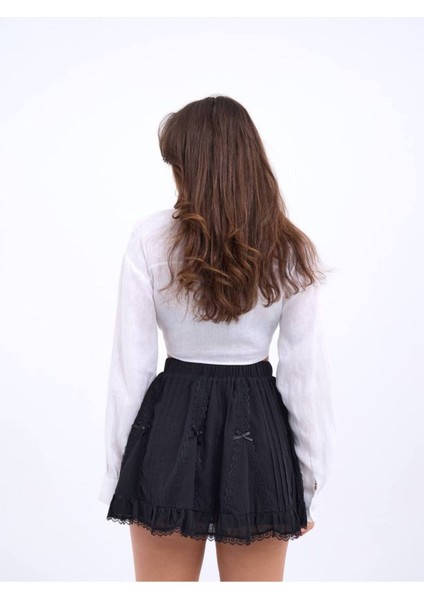 Minik Fiyonklu Dantel Şeritli Esnek Lastik Bel Kombin Gotik Etek Siyah