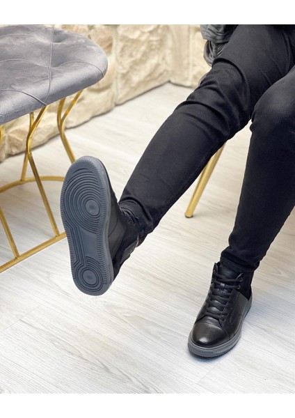 0094 Hakiki Deri Siyah Erkek Sneaker Bot modelleri