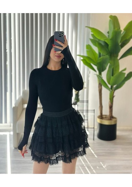 Gotik Puantiyeli Puanlı Kat Tül Tütü Şortlu Beli Lastikli Dantelli Baharlık Yazlık Kombin Etek Siyah fiyatları