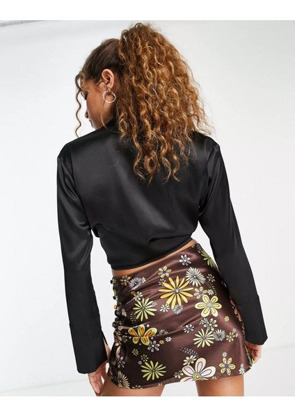 Saten Önden Bağlamalı Dekolte Gece Kokteyl Kombin Uzun Kol Krop Bluz fiyatları