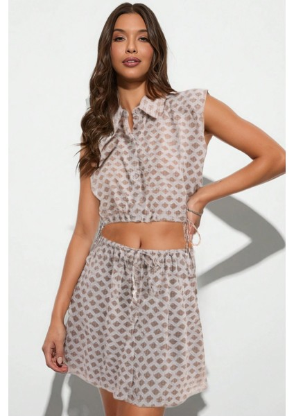 Modern Etnik Desenli Yüksek Bel Mini Etek ve Bağlamalı Bluz Yazlık Ikili Takım