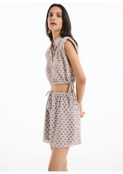 Modern Etnik Desenli Yüksek Bel Mini Etek ve Bağlamalı Bluz Yazlık Ikili Takım fiyatları