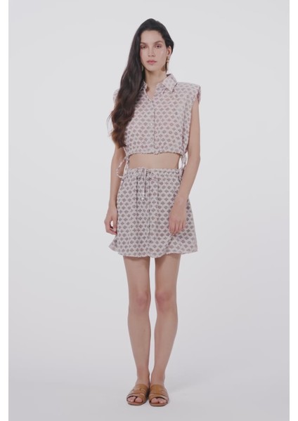 Modern Etnik Desenli Yüksek Bel Mini Etek ve Bağlamalı Bluz Yazlık Ikili Takım