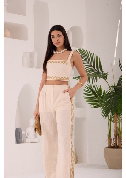 Zikzak Nakış Kalın Askılı Crop Bluz Pantolon 2li Takım