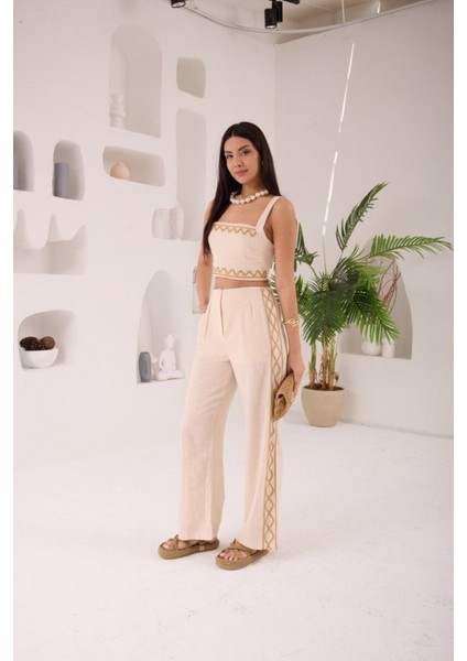 Zikzak Nakış Kalın Askılı Crop Bluz Pantolon 2li Takım fiyatları