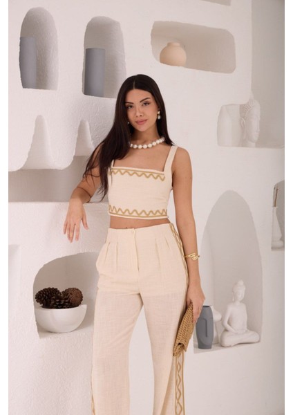 Zikzak Nakış Kalın Askılı Crop Bluz Pantolon 2li Takım indirimleri