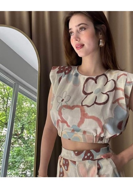 Büyük Pastel Çiçekli Vatkalı 80LER Lastikli Pantolon Crop Keten Yazlık Ikili Takım fiyatları