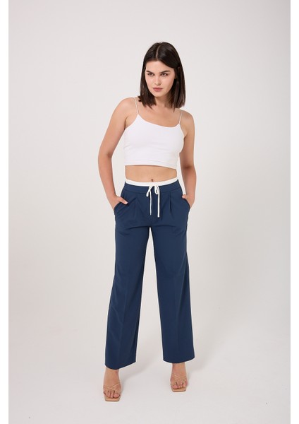 Çift Bel Bantlı Yüksek Bel Wide Leg Kadın Pantolon
