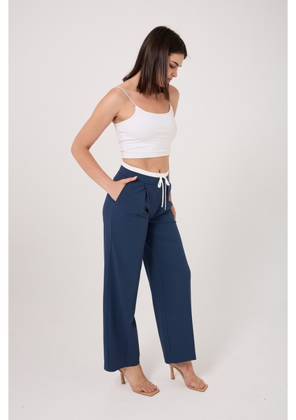 Çift Bel Bantlı Yüksek Bel Wide Leg Kadın Pantolon