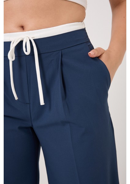 Çift Bel Bantlı Yüksek Bel Wide Leg Kadın Pantolon