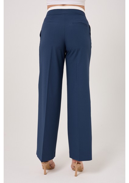 Çift Bel Bantlı Yüksek Bel Wide Leg Kadın Pantolon
