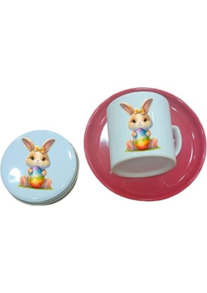 Kırmızı Paskalya Kahve Fincanı ve Metal Kutuda Çikolatalar Seti