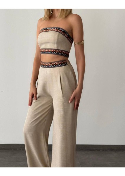 Aztek Motifli Şerit Korse Crop Cepli Lastikli Palazzo Pantolon Modern Etnik Yazlık Boho Keten Takım