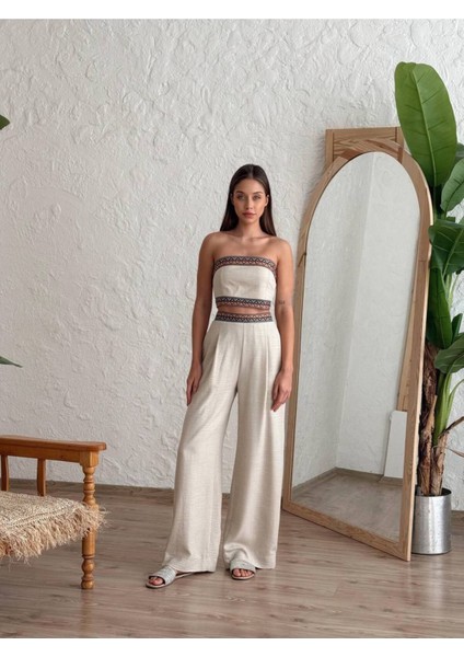 Aztek Motifli Şerit Korse Crop Cepli Lastikli Palazzo Pantolon Modern Etnik Yazlık Boho Keten Takım modelleri