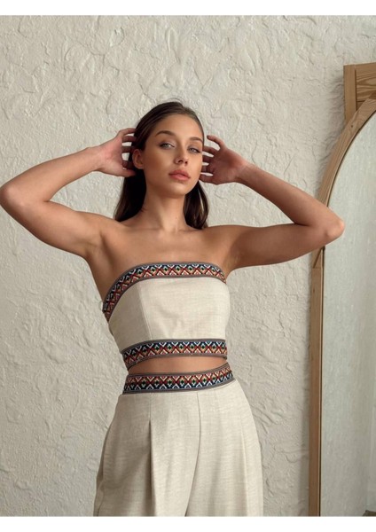 Aztek Motifli Şerit Korse Crop Cepli Lastikli Palazzo Pantolon Modern Etnik Yazlık Boho Keten Takım indirimleri