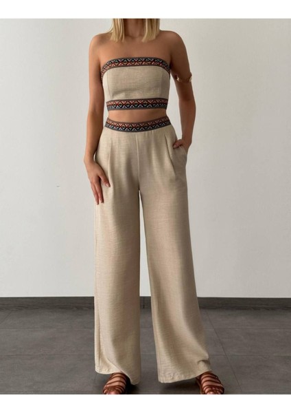 Aztek Motifli Şerit Korse Crop Cepli Lastikli Palazzo Pantolon Modern Etnik Yazlık Boho Keten Takım