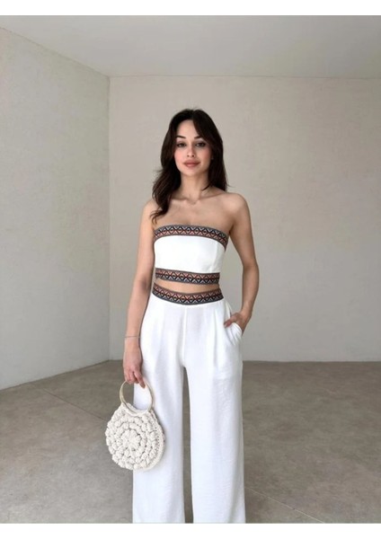 Aztek Motifli Şerit Korse Crop Cepli Lastikli Palazzo Pantolon Modern Etnik Yazlık Boho Keten Takım fiyatları