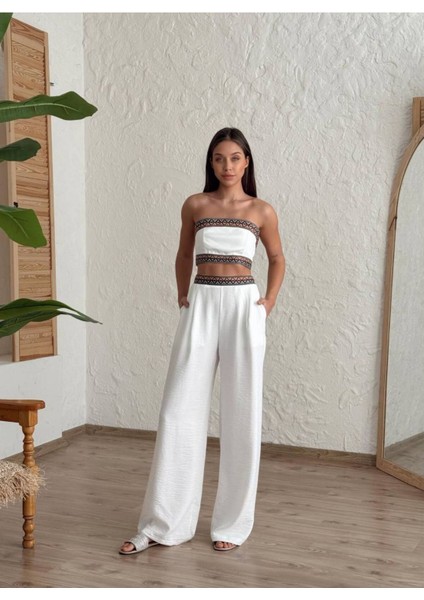 Aztek Motifli Şerit Korse Crop Cepli Lastikli Palazzo Pantolon Modern Etnik Yazlık Boho Keten Takım modelleri