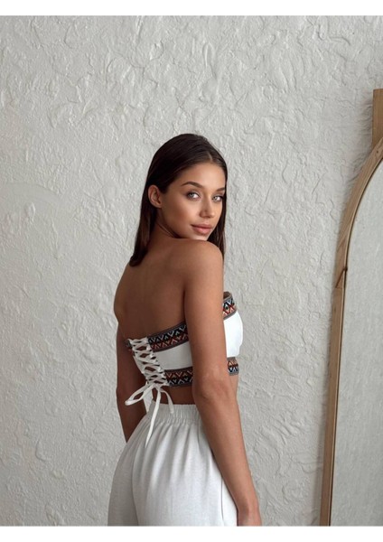 Aztek Motifli Şerit Korse Crop Cepli Lastikli Palazzo Pantolon Modern Etnik Yazlık Boho Keten Takım fırsatları