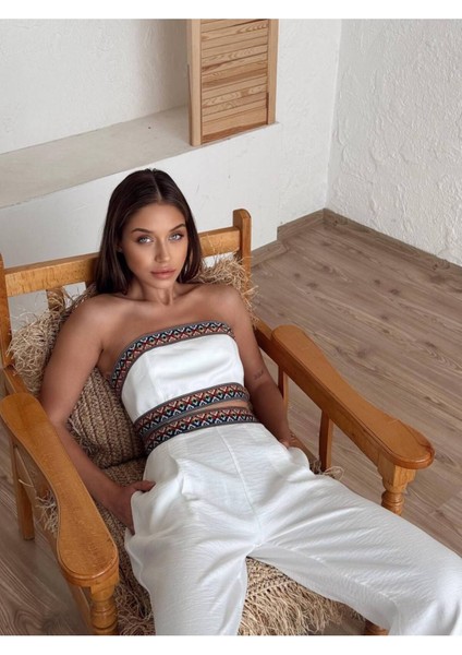 Aztek Motifli Şerit Korse Crop Cepli Lastikli Palazzo Pantolon Modern Etnik Yazlık Boho Keten Takım indirimleri