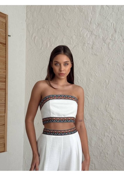 Aztek Motifli Şerit Korse Crop Cepli Lastikli Palazzo Pantolon Modern Etnik Yazlık Boho Keten Takım