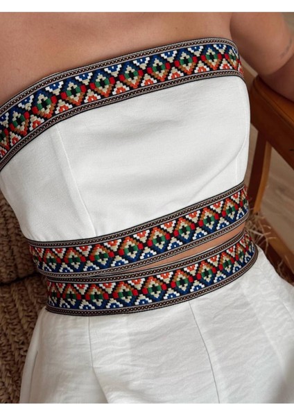 Aztek Motifli Şerit Korse Crop Cepli Lastikli Palazzo Pantolon Modern Etnik Yazlık Boho Keten Takım