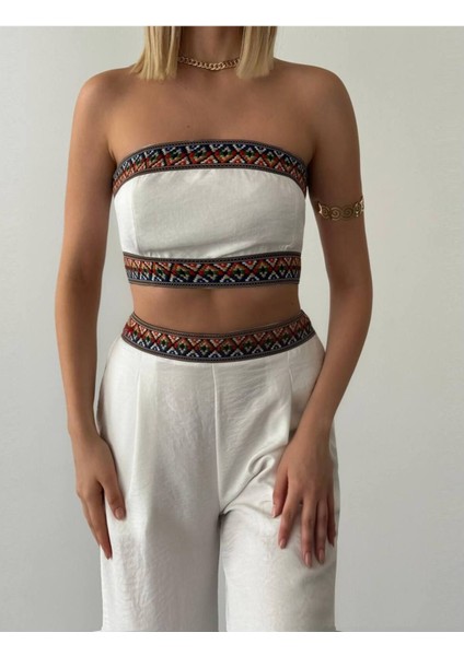 Aztek Motifli Şerit Korse Crop Cepli Lastikli Palazzo Pantolon Modern Etnik Yazlık Boho Keten Takım
