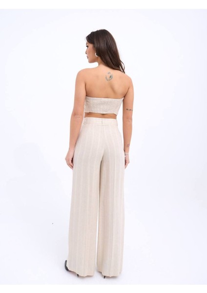 Çizgili Doğal Keten Kumaş Sırt Lastikli Krop Cepli Pantolon Kadın Tatil Yazlık Takım