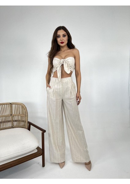 Çizgili Doğal Keten Kumaş Sırt Lastikli Krop Cepli Pantolon Kadın Tatil Yazlık Takım