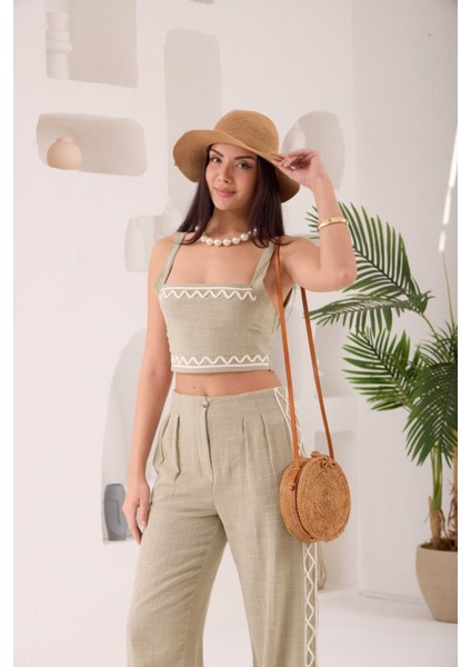 Zikzak Nakış Kalın Askılı Crop Bluz Pantolon 2li Takım