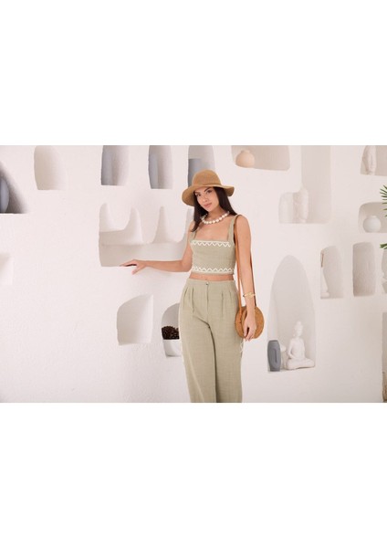 Zikzak Nakış Kalın Askılı Crop Bluz Pantolon 2li Takım fiyatları