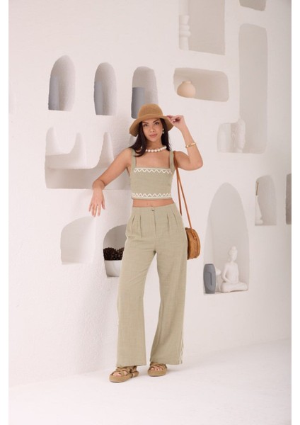 Zikzak Nakış Kalın Askılı Crop Bluz Pantolon 2li Takım modelleri