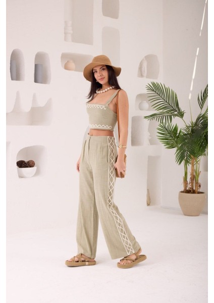 Zikzak Nakış Kalın Askılı Crop Bluz Pantolon 2li Takım fırsatları
