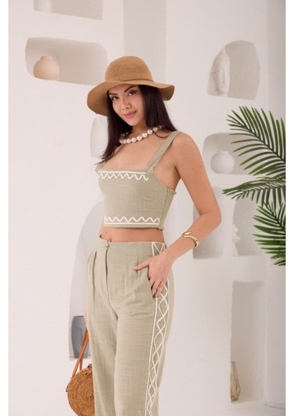 Zikzak Nakış Kalın Askılı Crop Bluz Pantolon 2li Takım indirimleri