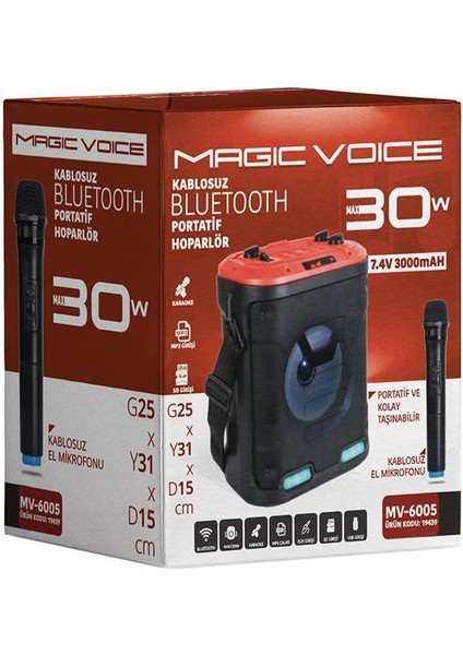 MV-6005 Vhf El Mikrofonlu Usb-Sd-Bluetooth Işıklı 30 W Taşınabilir Şarjlı Seyyar Anfi