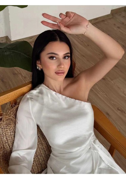 Soft Saten Tek Omuz Tek Kol Asimetrik Katlı Dalgalı Mini Kokteyl Davet Gece Elbisesi