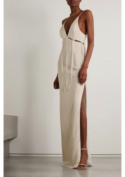 Uzun Saçaklı Pencereli Ince Askılı V Yaka Keten Maxi Kokteyl Uzun Doğal Keten Elbise