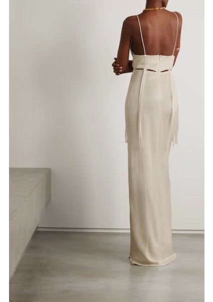 Uzun Saçaklı Pencereli Ince Askılı V Yaka Keten Maxi Kokteyl Uzun Doğal Keten Elbise fiyatları