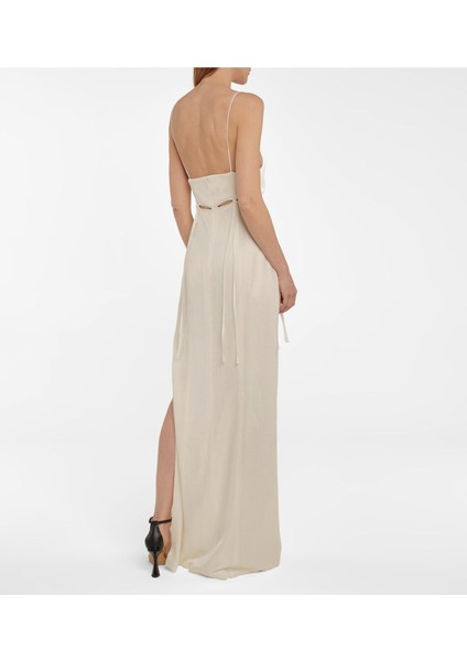 Uzun Saçaklı Pencereli Ince Askılı V Yaka Keten Maxi Kokteyl Uzun Doğal Keten Elbise